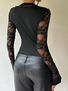 Lace Overlay Sweetheart Neck Long Sleeve Crop Top