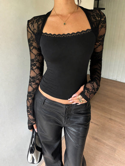 Lace Overlay Sweetheart Neck Long Sleeve Crop Top