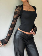 Lace Overlay Sweetheart Neck Long Sleeve Crop Top