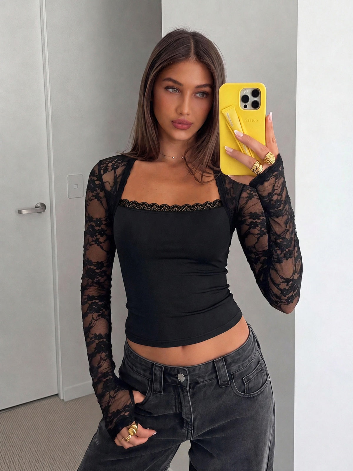Lace Overlay Sweetheart Neck Long Sleeve Crop Top