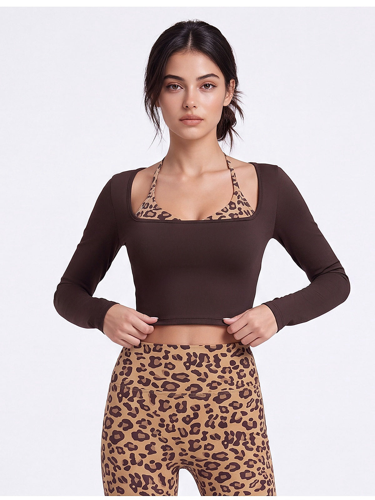 Sculpting Fit Square Neck Cropped Long Sleeve Top with Integrated Halter Bra