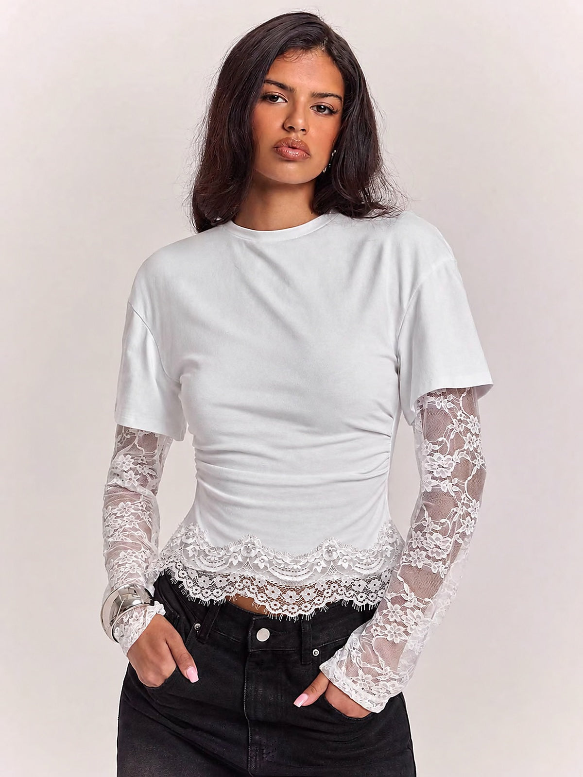 Lace Spliced Ruched T-Shirt with Thumbholes