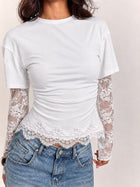 Lace Spliced Ruched T-Shirt with Thumbholes