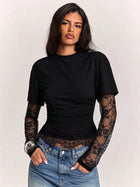 Lace Spliced Ruched T-Shirt with Thumbholes