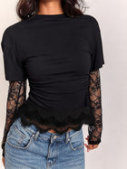 Lace Spliced Ruched T-Shirt with Thumbholes