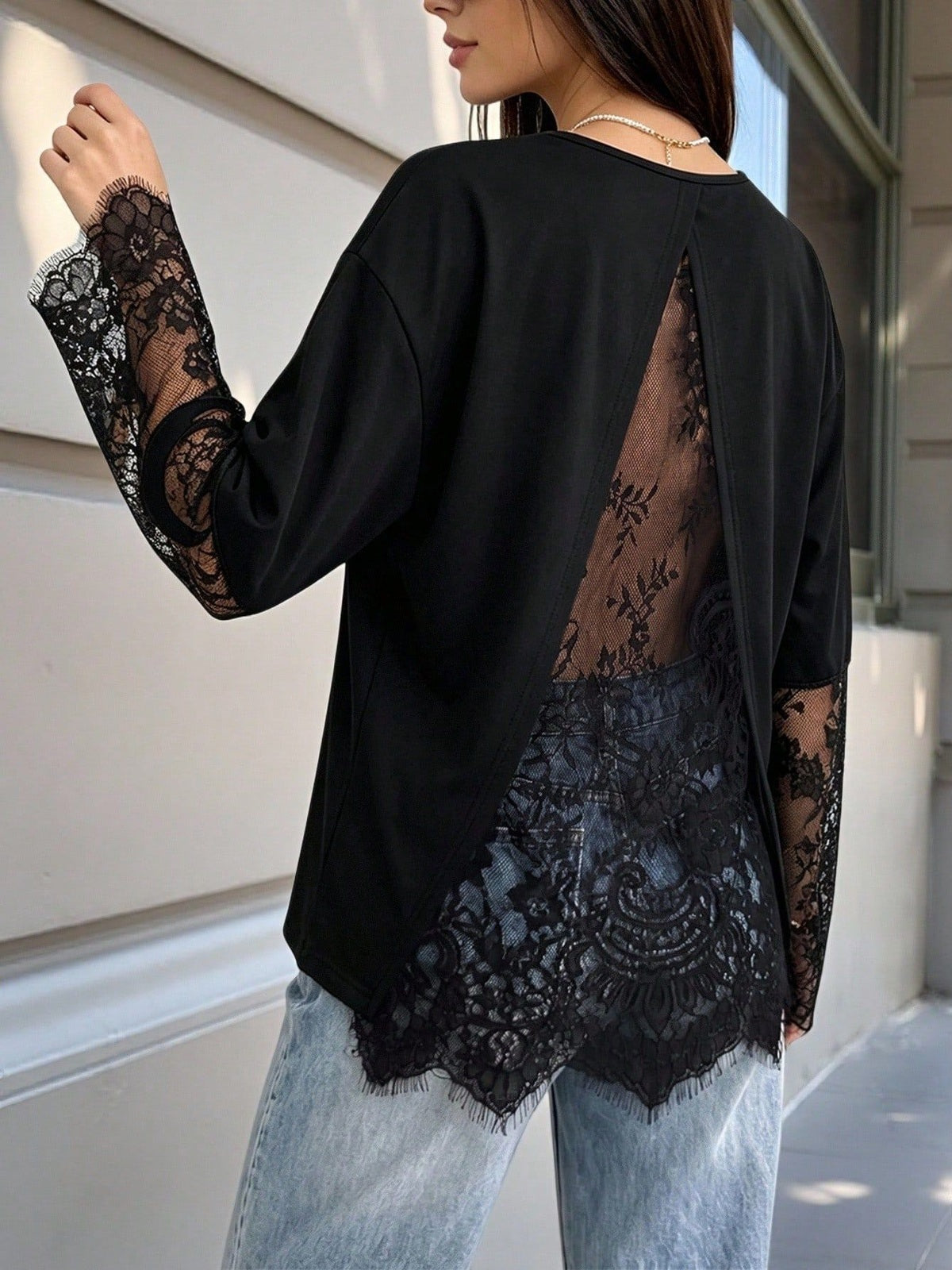 Lace Panel Oversized T-Shirt with Back Slit