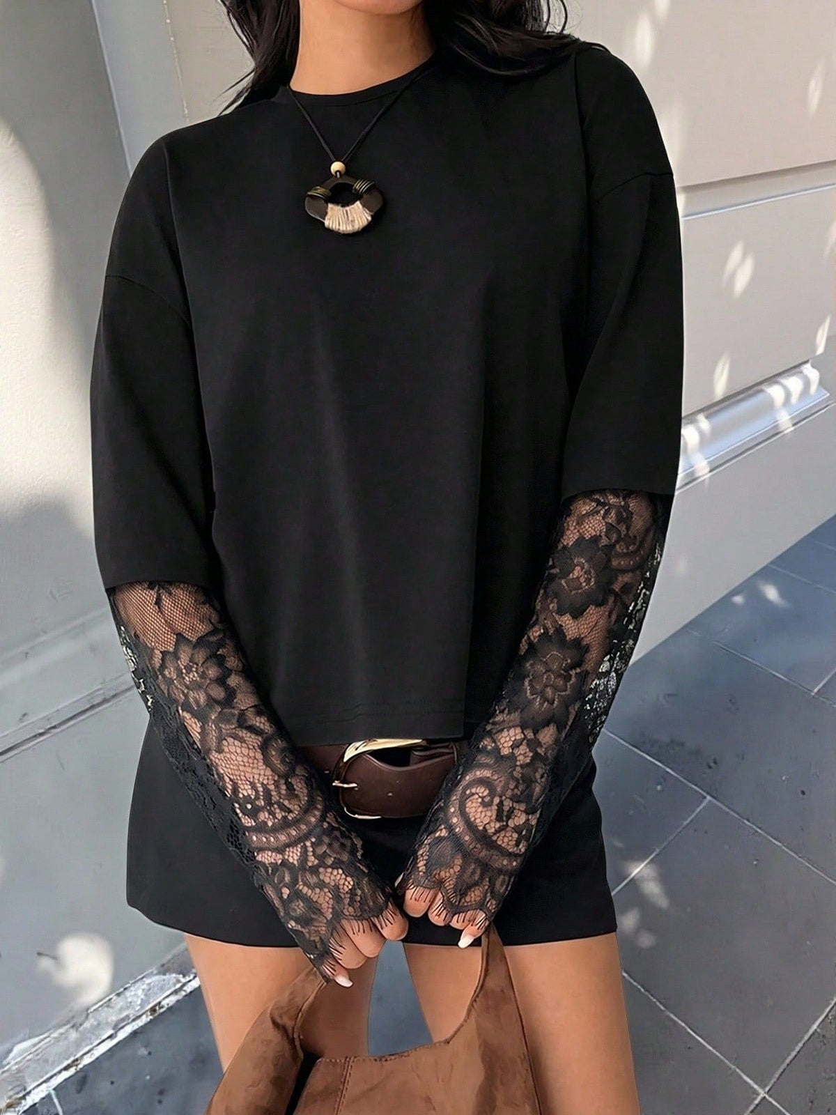 Lace Panel Oversized T-Shirt with Back Slit