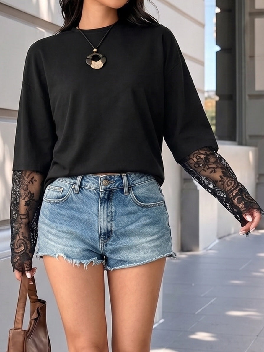 Lace Panel Oversized T-Shirt with Back Slit
