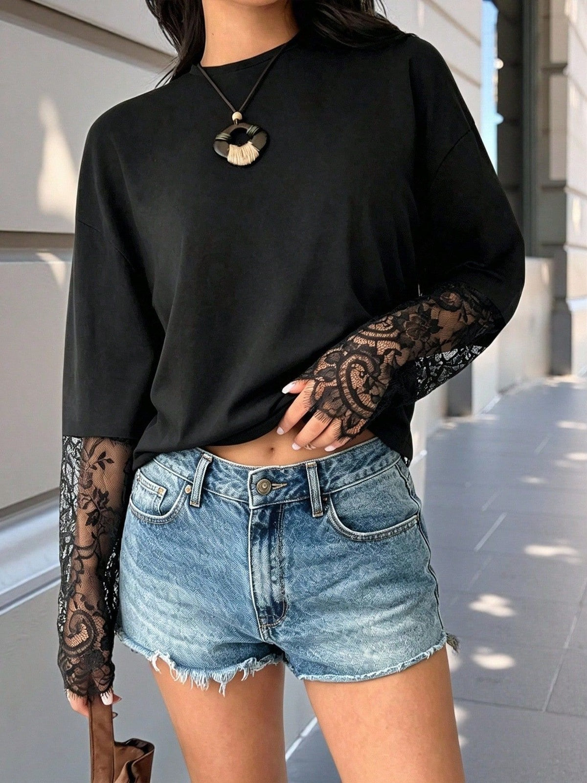 Lace Panel Oversized T-Shirt with Back Slit