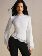 Lace Trim Mock Neck Bell Sleeve Top