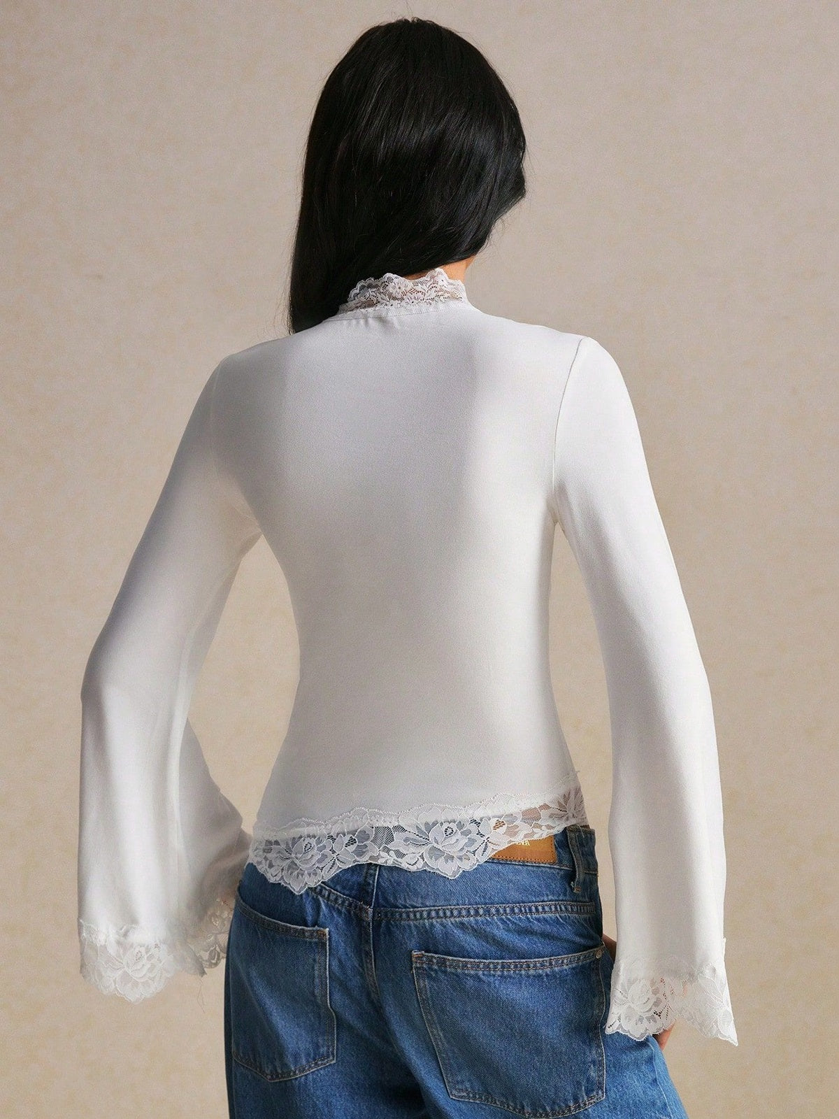 Lace Trim Mock Neck Bell Sleeve Top