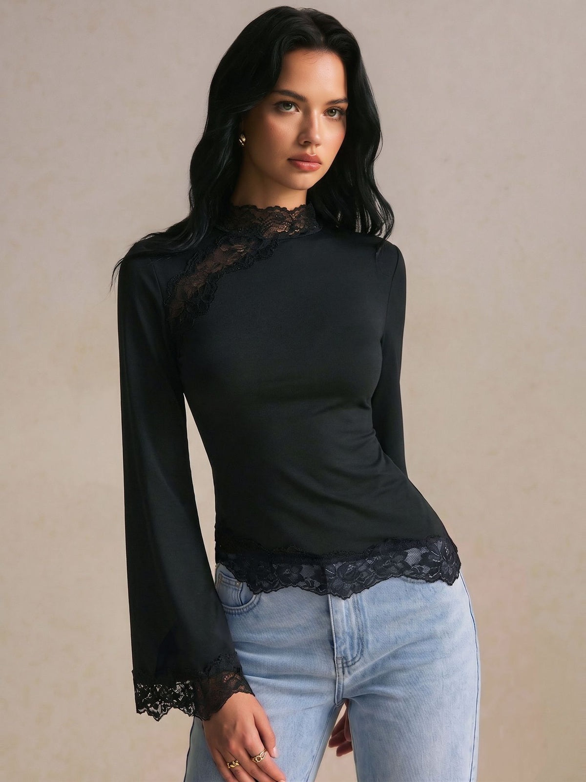 Lace Trim Mock Neck Bell Sleeve Top