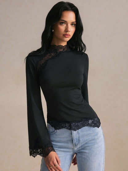 Lace Trim Mock Neck Bell Sleeve Top