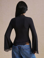 Lace Trim Mock Neck Bell Sleeve Top