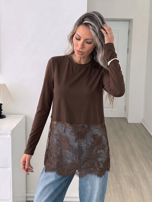 Lace Panel Cropped Long Sleeve T-Shirt
