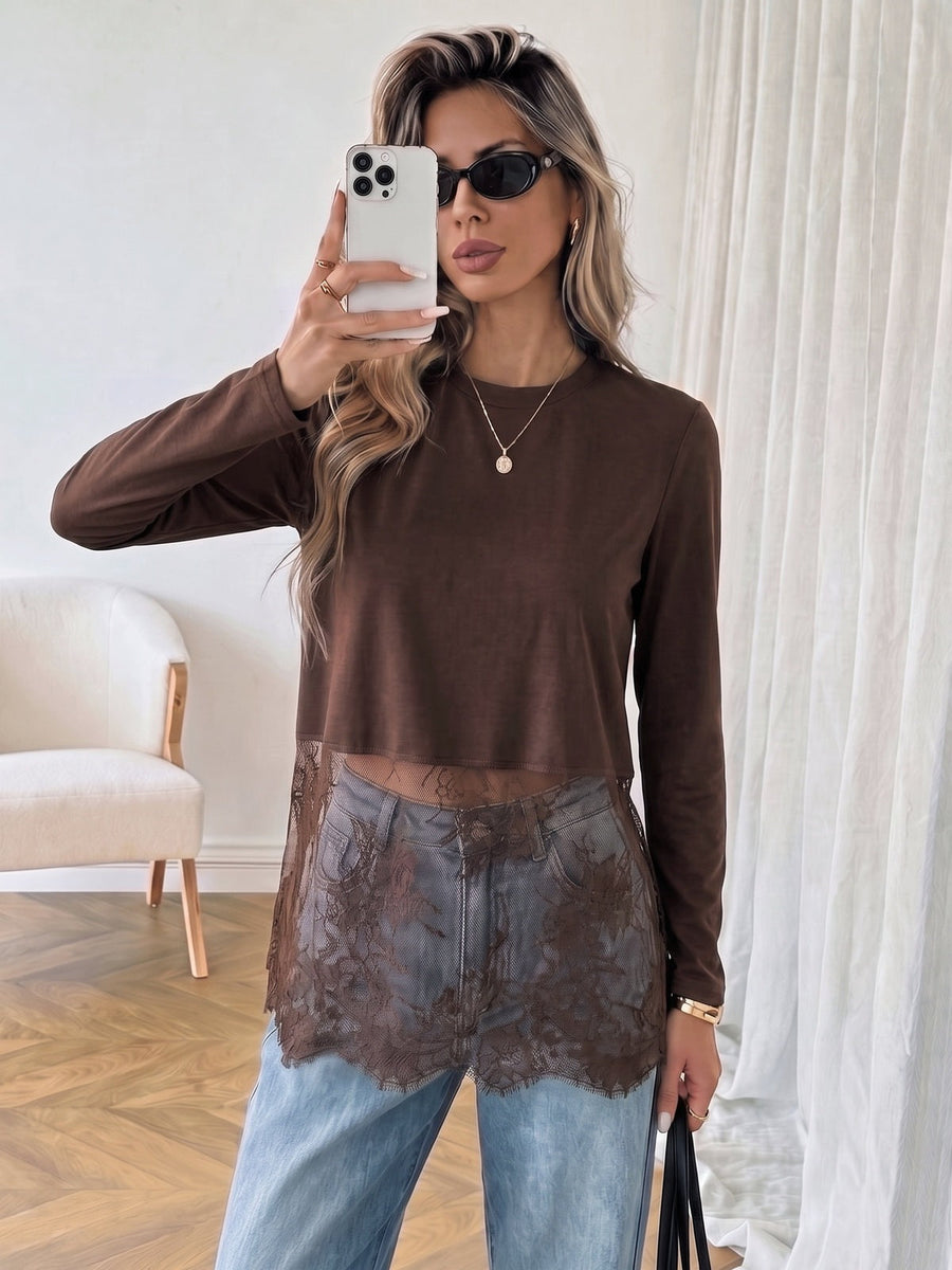 Lace Panel Cropped Long Sleeve T-Shirt