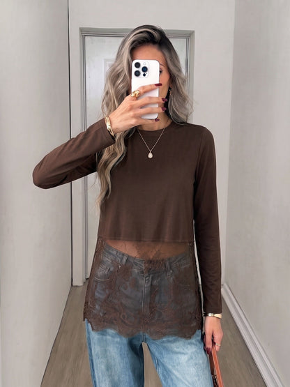 Lace Panel Cropped Long Sleeve T-Shirt