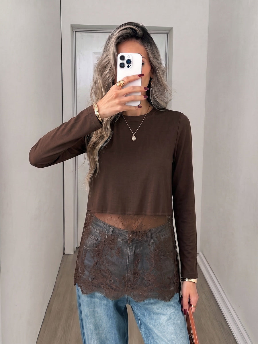 Lace Panel Cropped Long Sleeve T-Shirt
