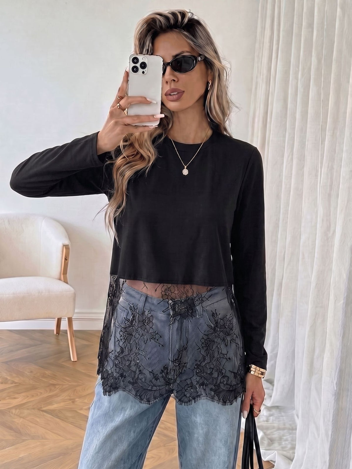 Lace Panel Cropped Long Sleeve T-Shirt