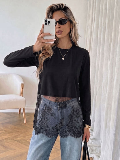 Lace Panel Cropped Long Sleeve T-Shirt