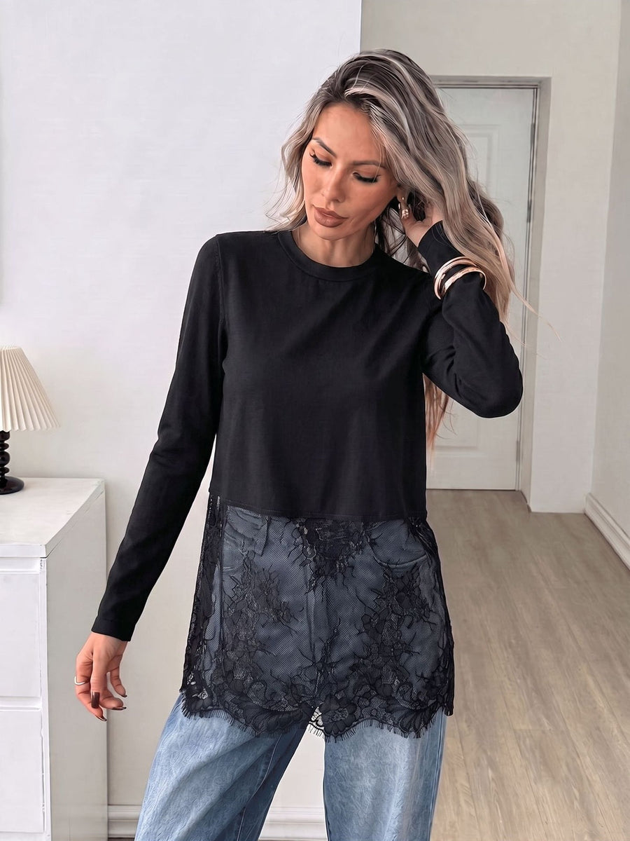 Lace Panel Cropped Long Sleeve T-Shirt