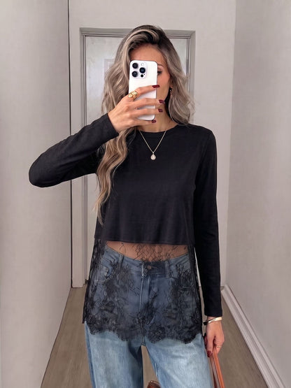 Lace Panel Cropped Long Sleeve T-Shirt