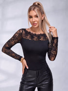Lace Yoke Boat Neck Long Sleeve Top