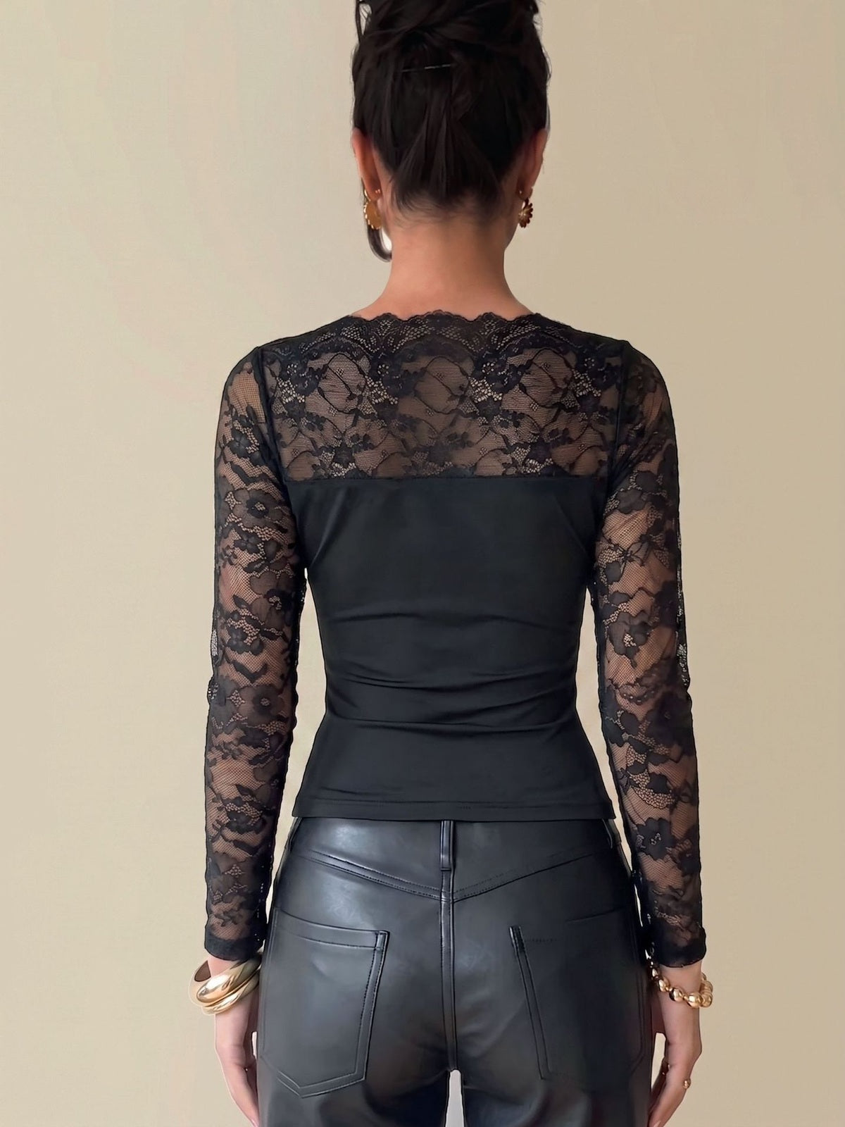 Lace Yoke Boat Neck Long Sleeve Top