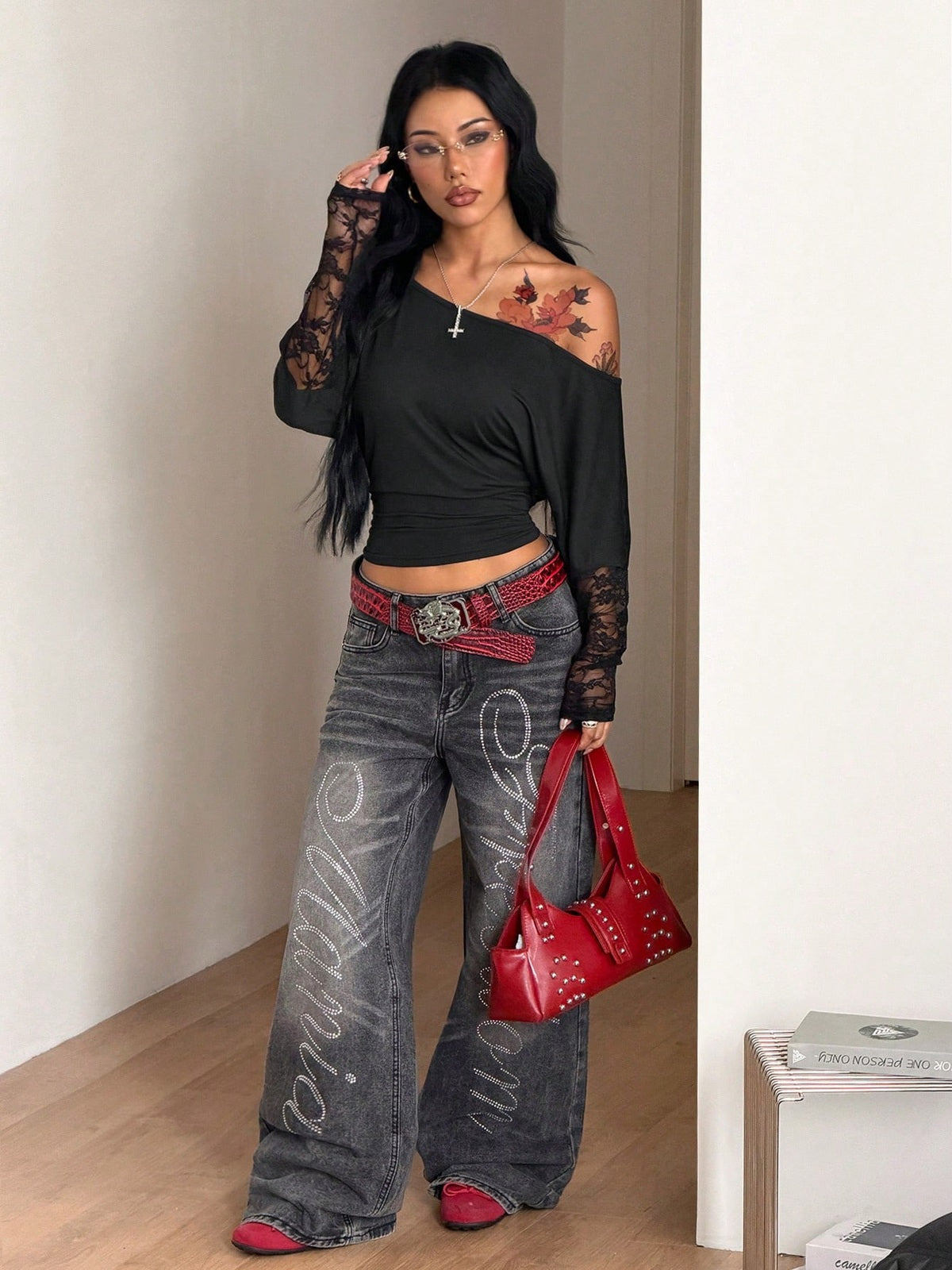 Asymmetric Off-Shoulder Cropped Top with Lace Sleeves
