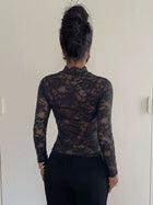Sheer Floral Lace Mock Neck Long Sleeve Top with Waist Cut-Out