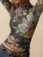 Vintage Floral Animal Print Sheer Mesh Mock Neck Top
