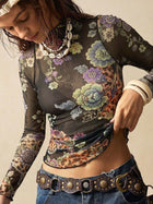 Vintage Floral Animal Print Sheer Mesh Mock Neck Top