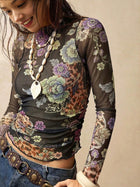 Vintage Floral Animal Print Sheer Mesh Mock Neck Top