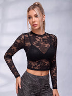 Black Sheer Floral Lace Cropped Long Sleeve Top