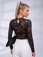 Black Sheer Floral Lace Cropped Long Sleeve Top