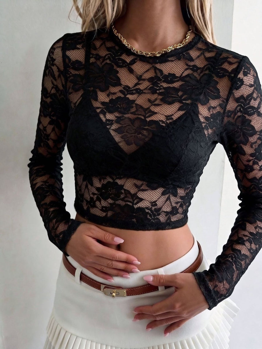 Black Sheer Floral Lace Cropped Long Sleeve Top