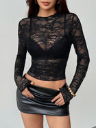 Sheer Lace Mock Neck Long Sleeve Top