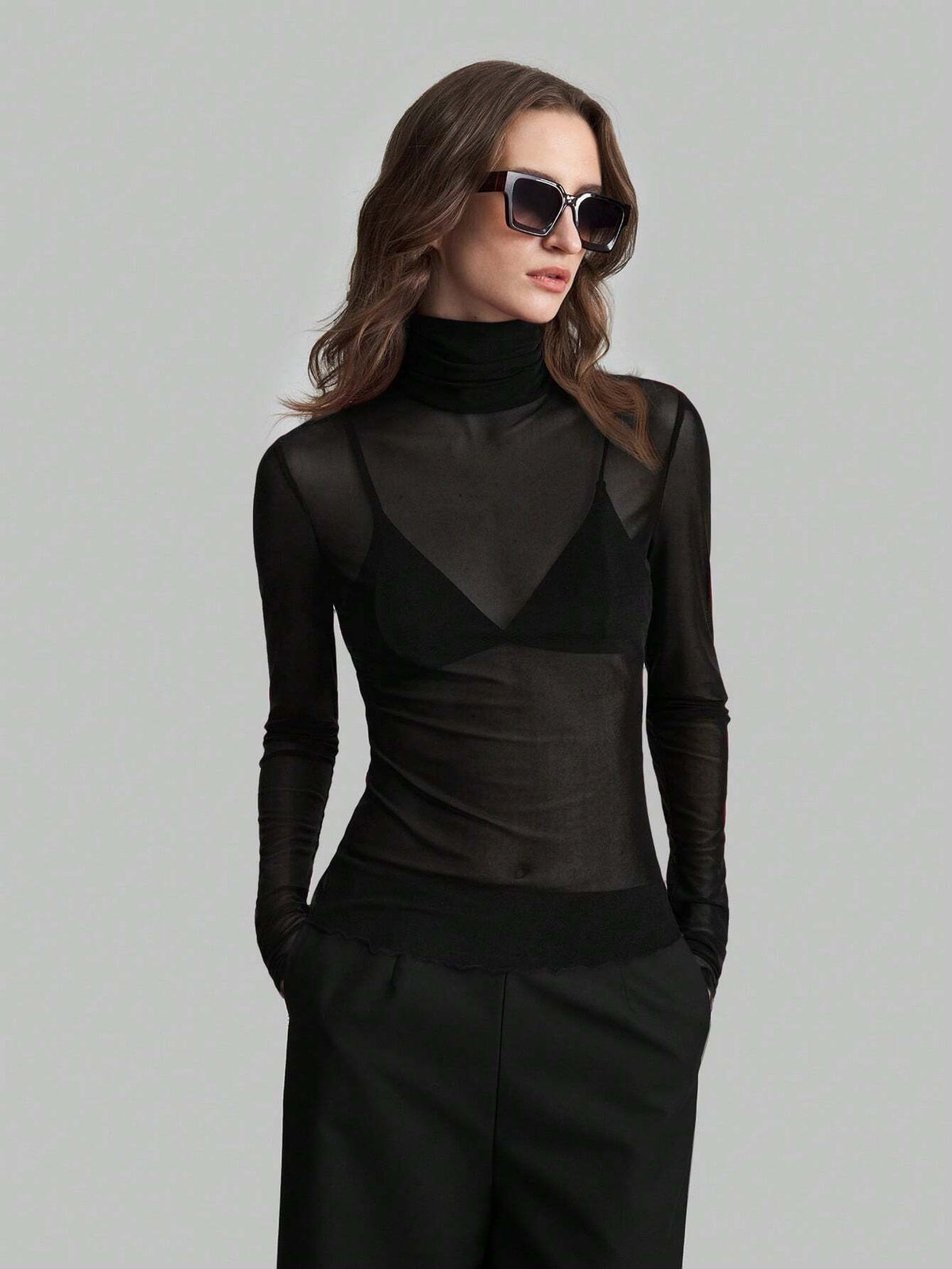 Sheer Mesh Fitted Turtleneck Top