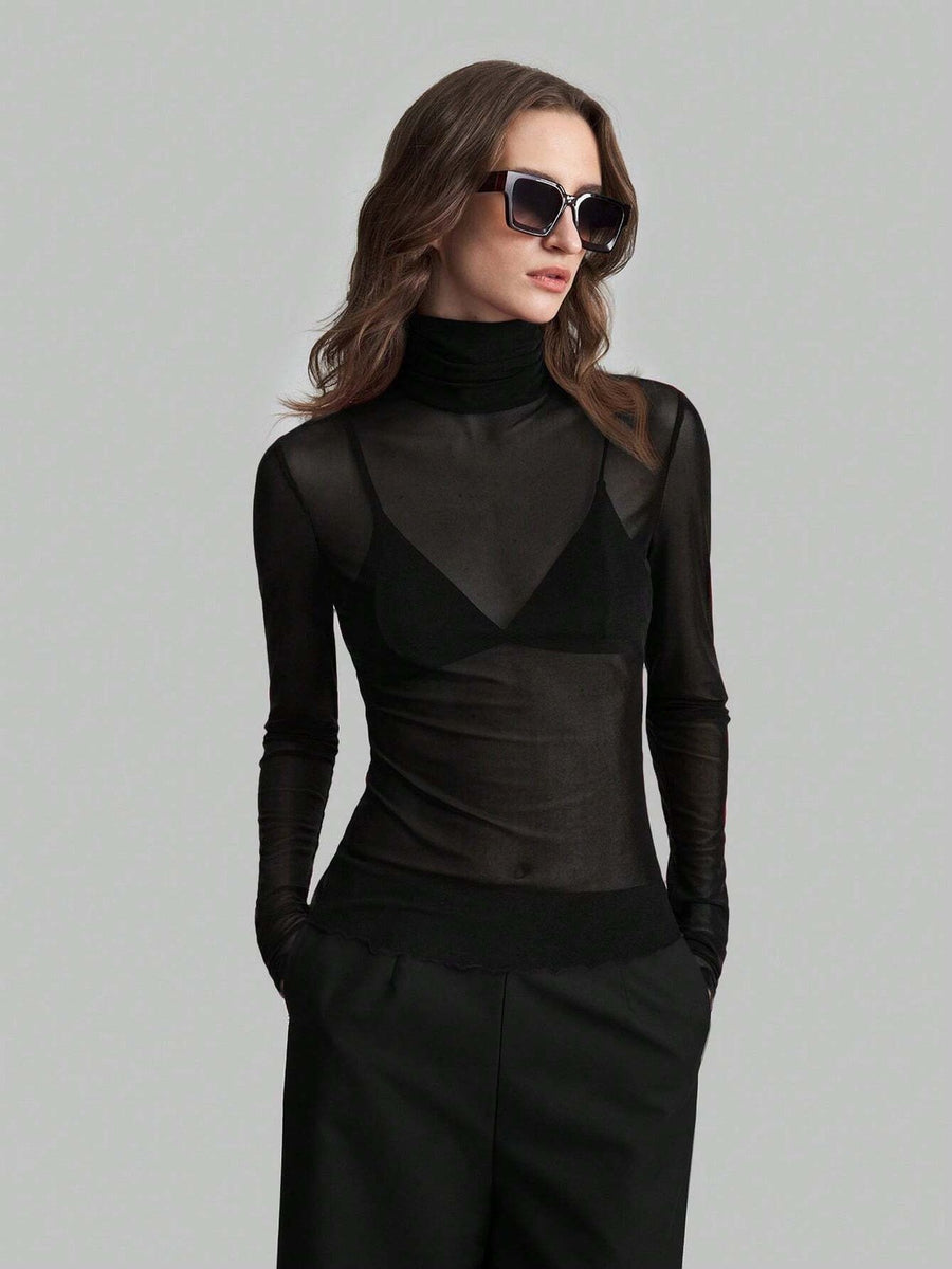Sheer Mesh Fitted Turtleneck Top