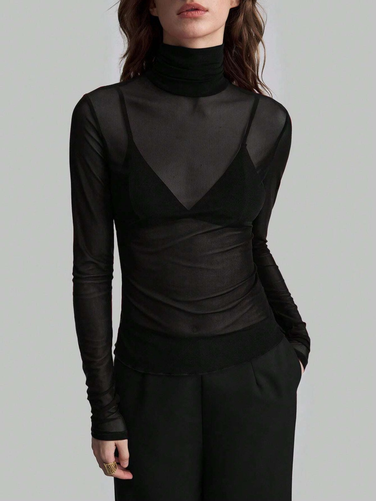 Sheer Mesh Fitted Turtleneck Top