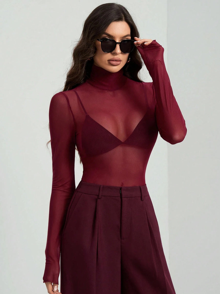 Sheer Mesh Fitted Turtleneck Top