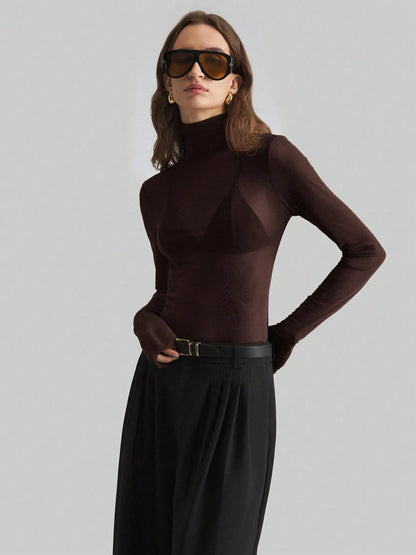 Sheer Mesh Fitted Turtleneck Top