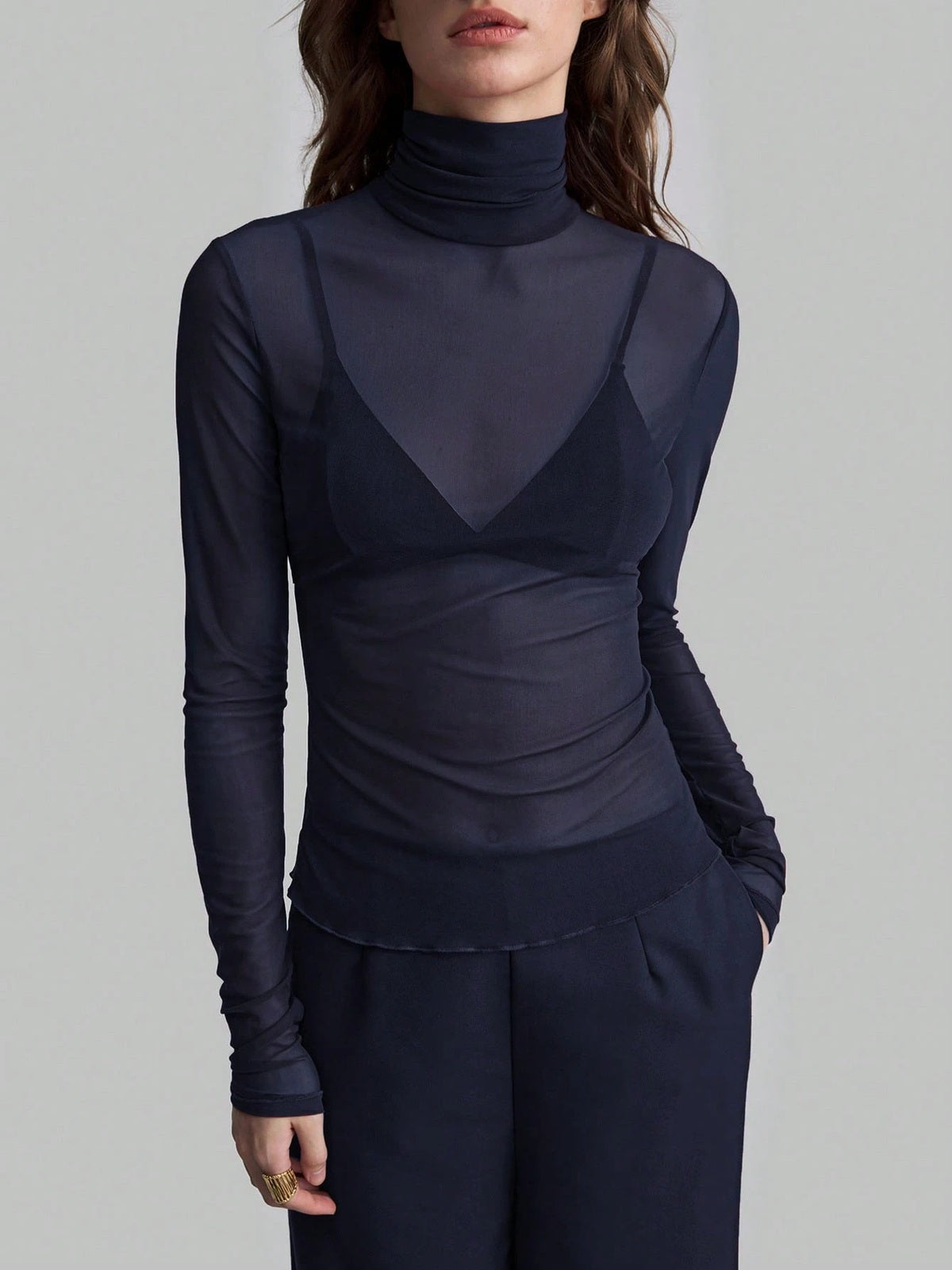Sheer Mesh Fitted Turtleneck Top