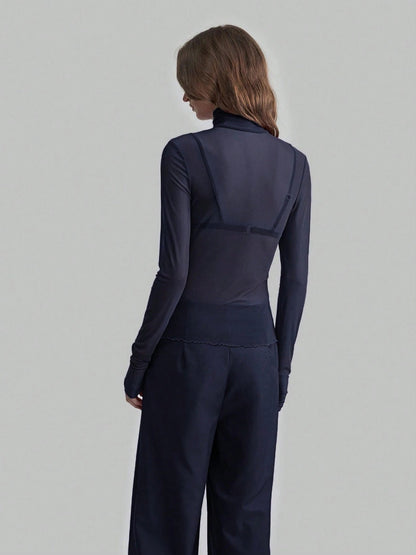Sheer Mesh Fitted Turtleneck Top