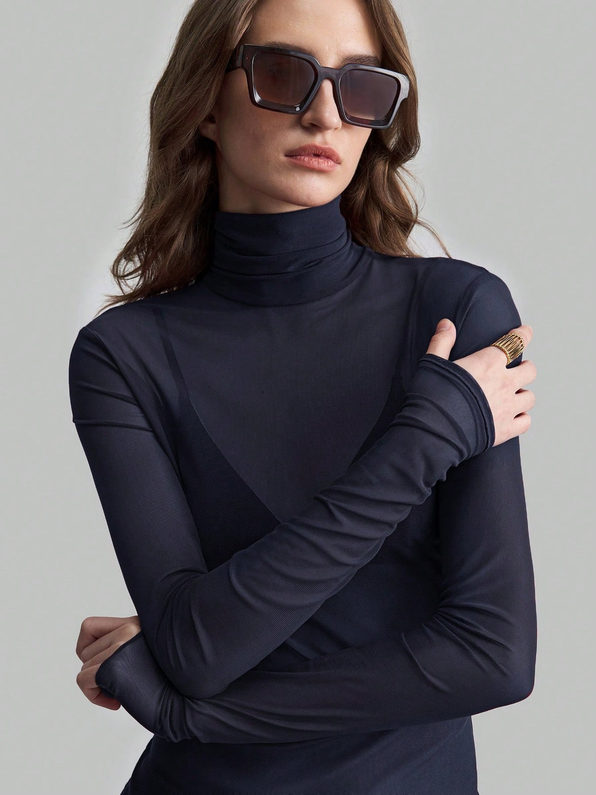 Sheer Mesh Fitted Turtleneck Top