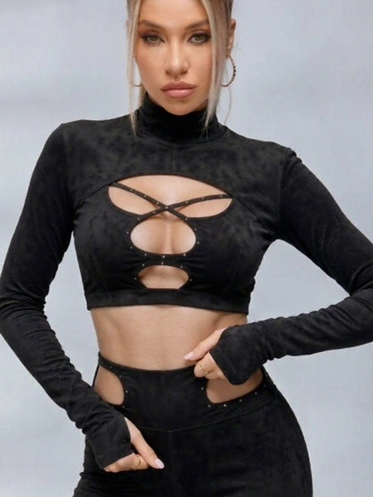 Black Cut-Out Studded Crop Top & Leggings Set