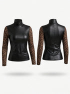 Black Faux Leather Leopard Print Turtleneck Long Sleeve Top