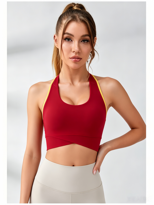 Contrast Color Halter With Chest Pads Sports Bras
