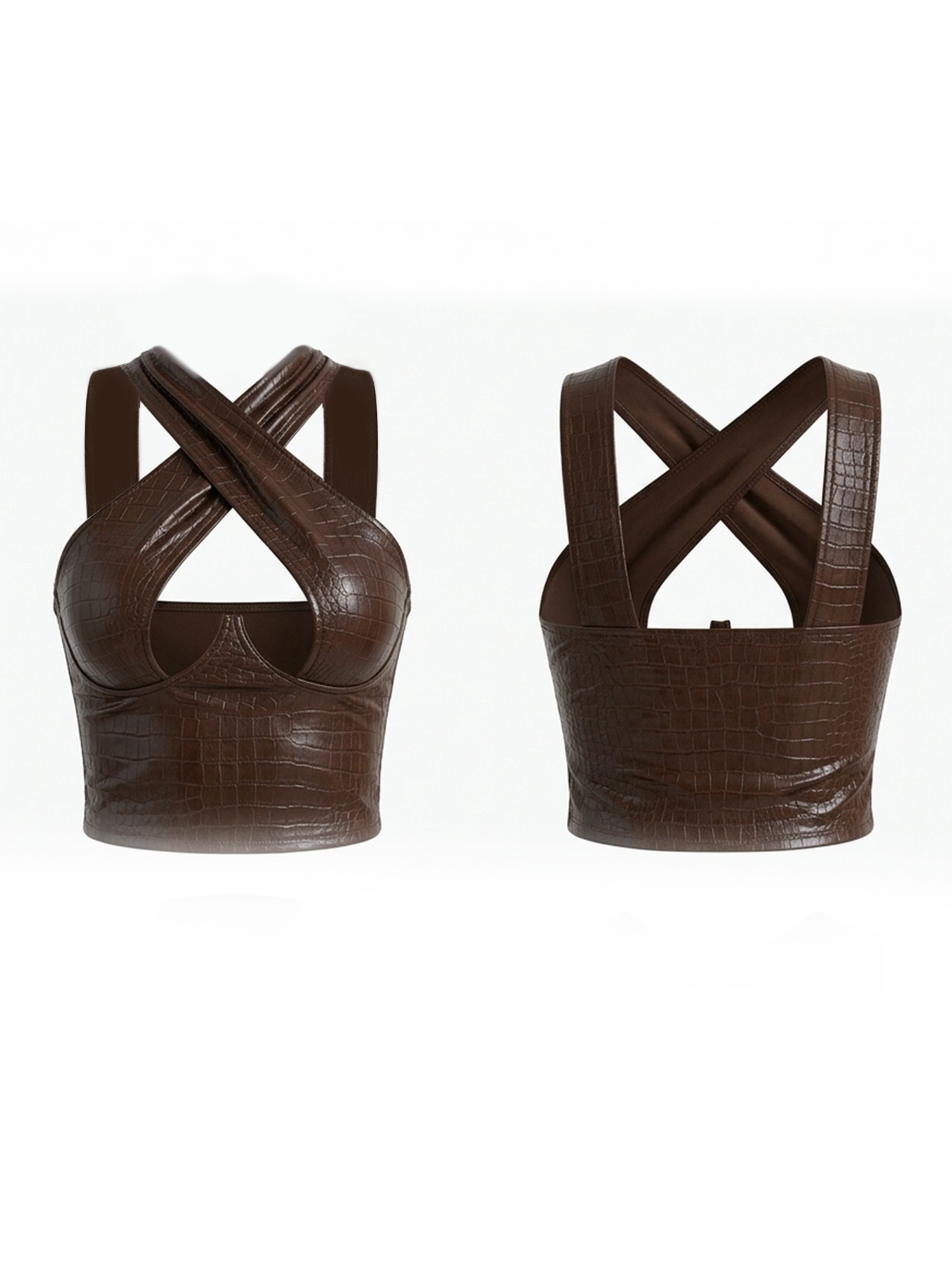 Crisscross Halter Croc Embossed Leather Tank Top