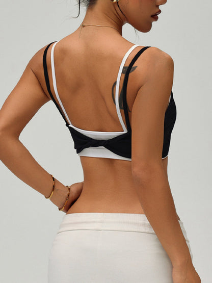 Fake Two-Piece Color Block Double Strap Sports Bra